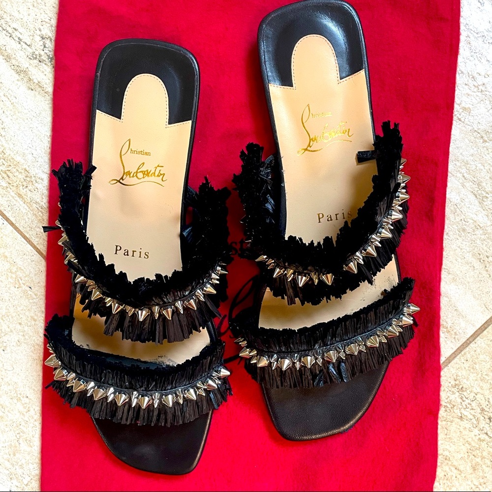 Christian Louboutin Black Raffia Studded Sandals